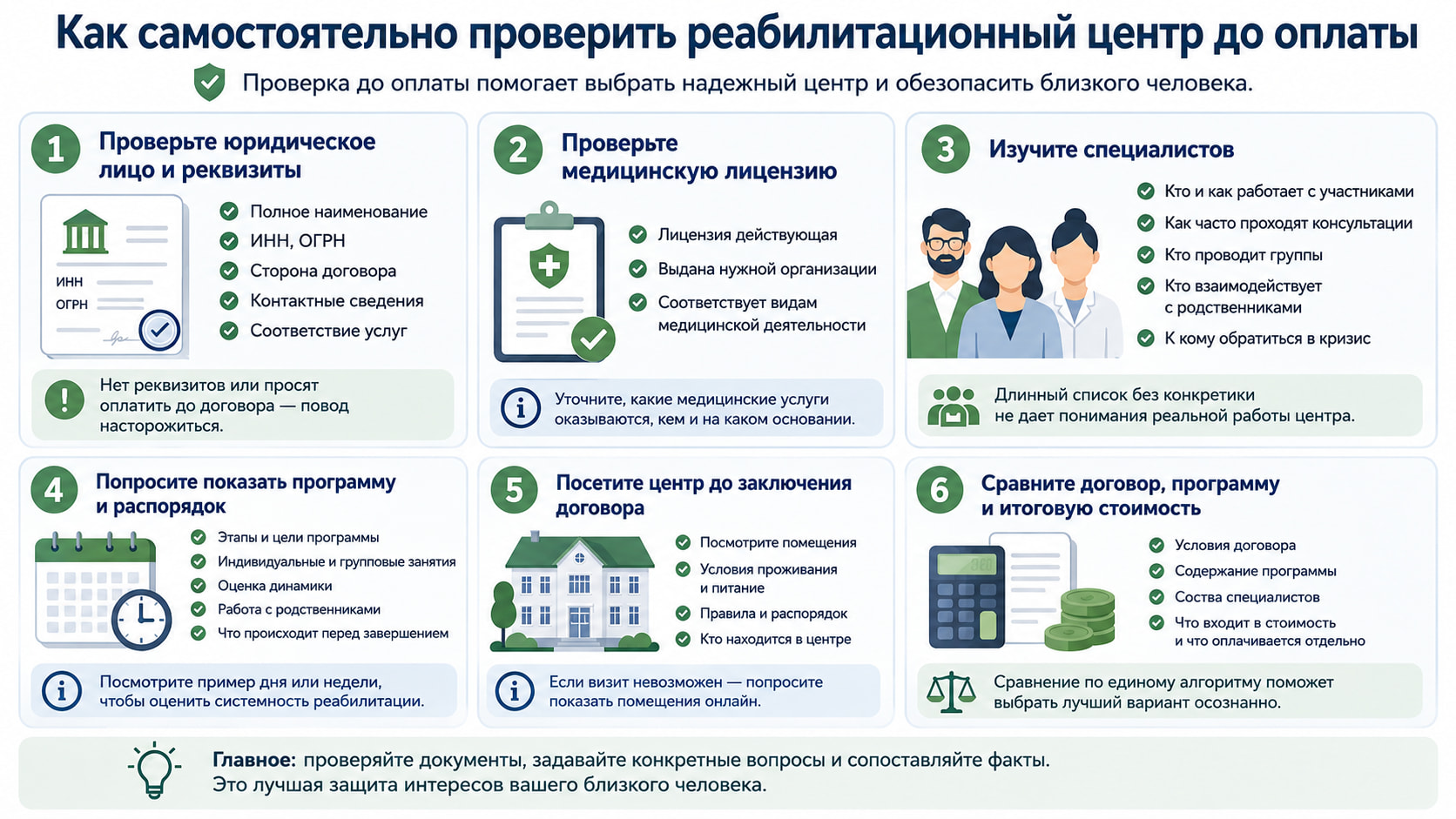 Инфографика с пошаговой проверкой реабилитационного центра перед оплатой.