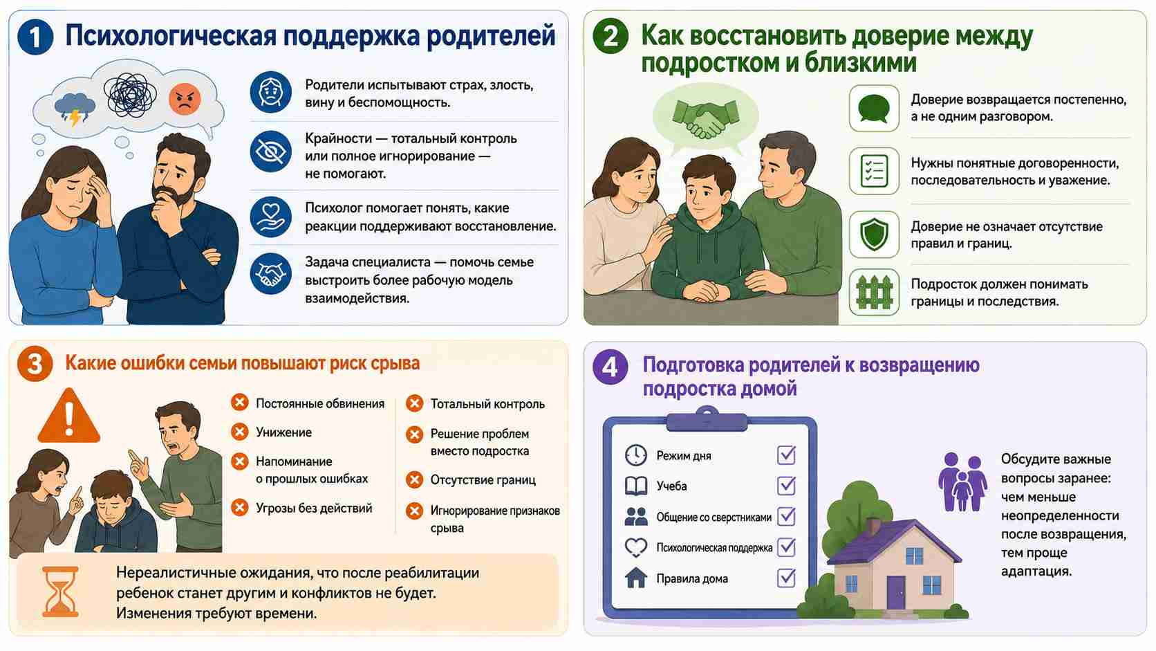 Инфографика: психологическая поддержка родителей зависимого подростка, восстановление доверия, типичные ошибки семьи и подготовка к возвращению подростка домой.