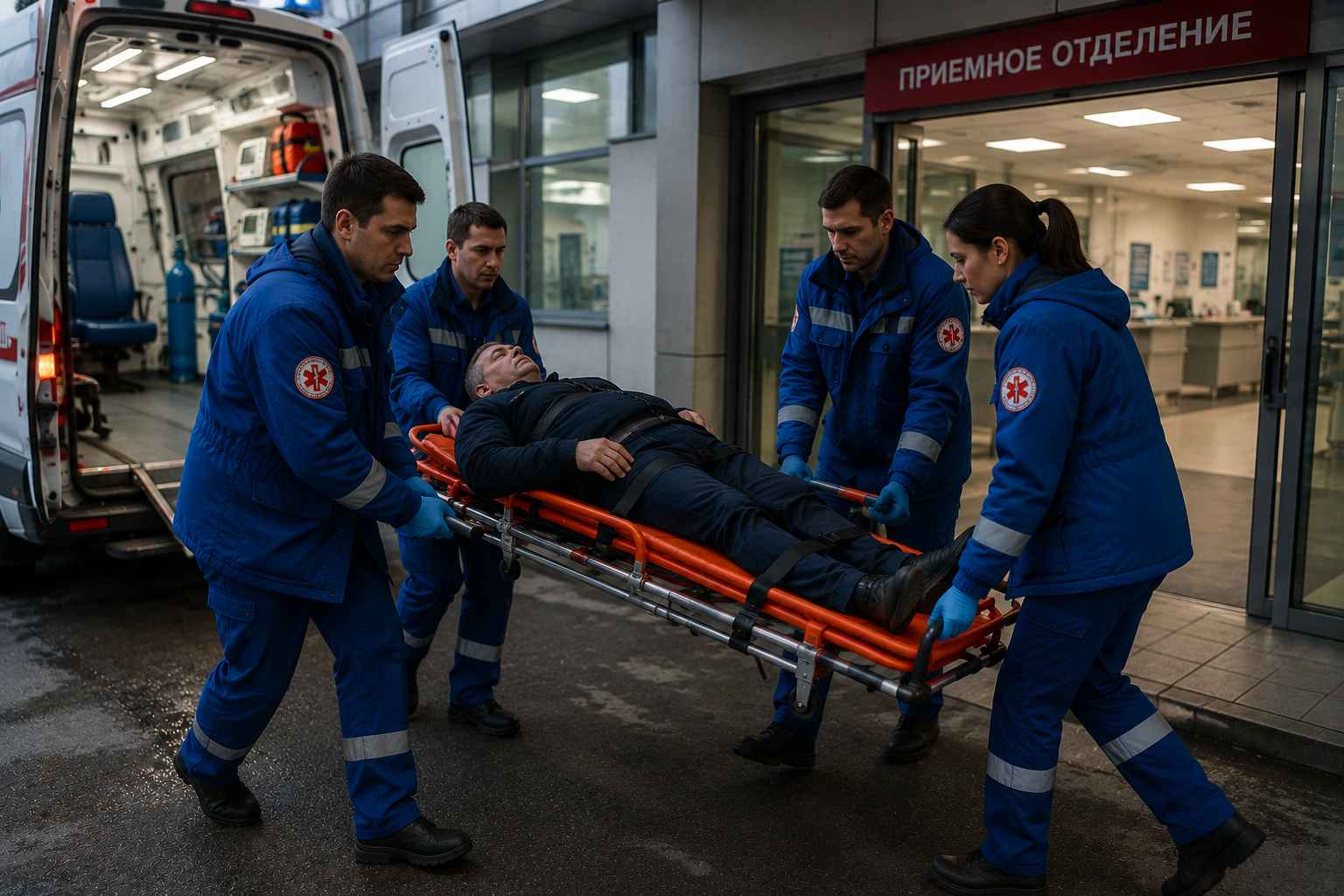 Бригада скорой переносит пациента на носилках у приёмного отделения — перевозка больного из больницы домой.