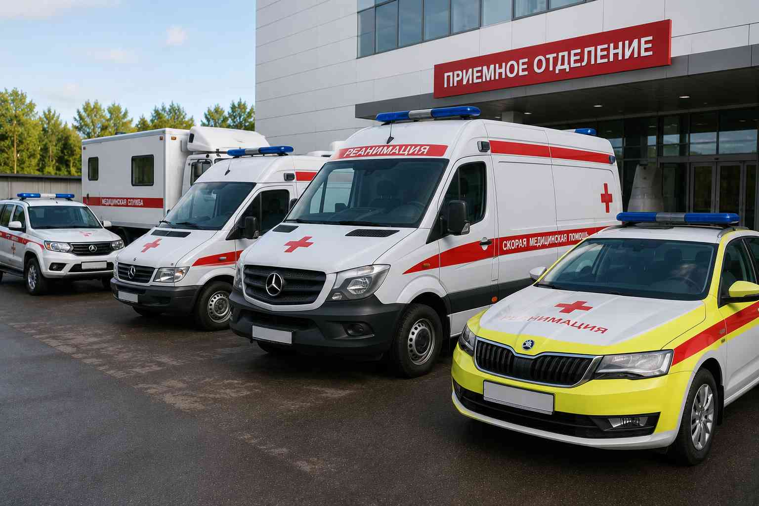 Машины скорой помощи стоят у приёмного отделения — перевозка больного из больницы домой.