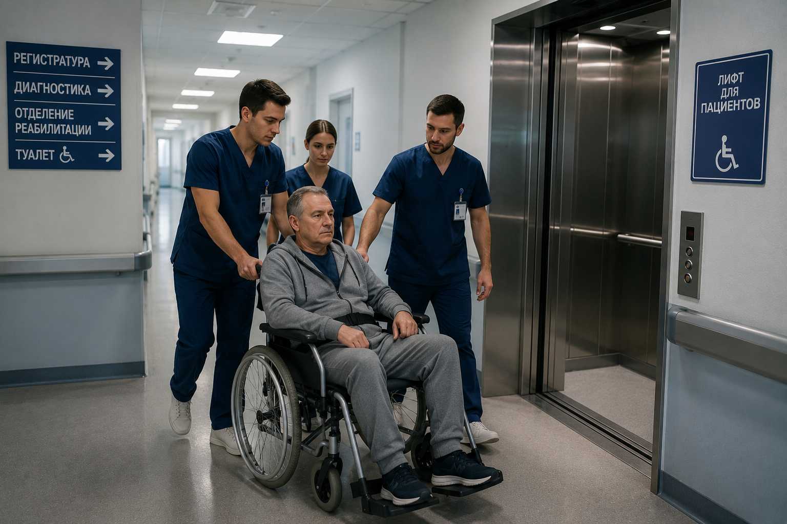 Медики везут пациента в коляске к лифту в коридоре клиники — реанимобиль для перевозки больных.