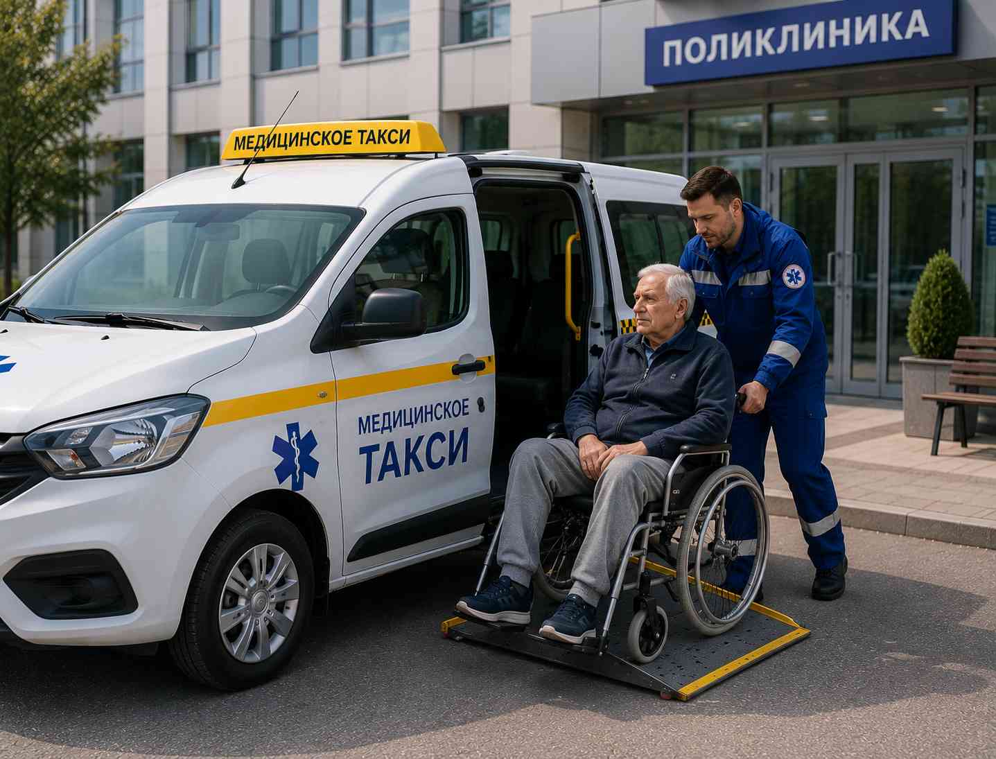 Сотрудник медтакси помогает пациенту в коляске у поликлиники — перевозки больных от кровати до кровати.