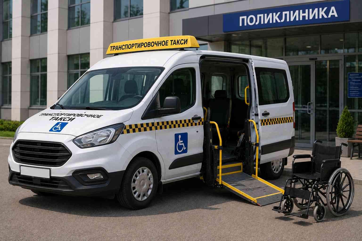 Медицинское такси с подъёмной платформой и коляской у поликлиники — перевозка лежачих больных.