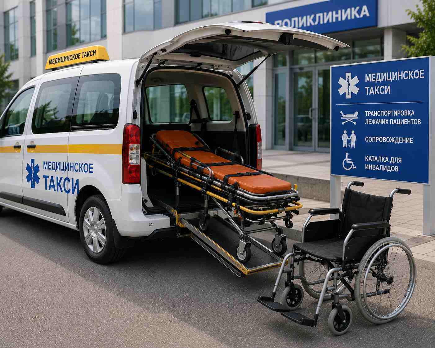 Медицинское такси с открытым багажником стоит у поликлиники — перевозка больных из дома в больницу.