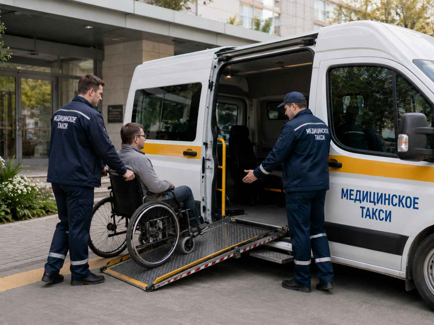 Сотрудники медицинского такси помогают мужчине в коляске заехать по пандусу — перевозка инвалидов.