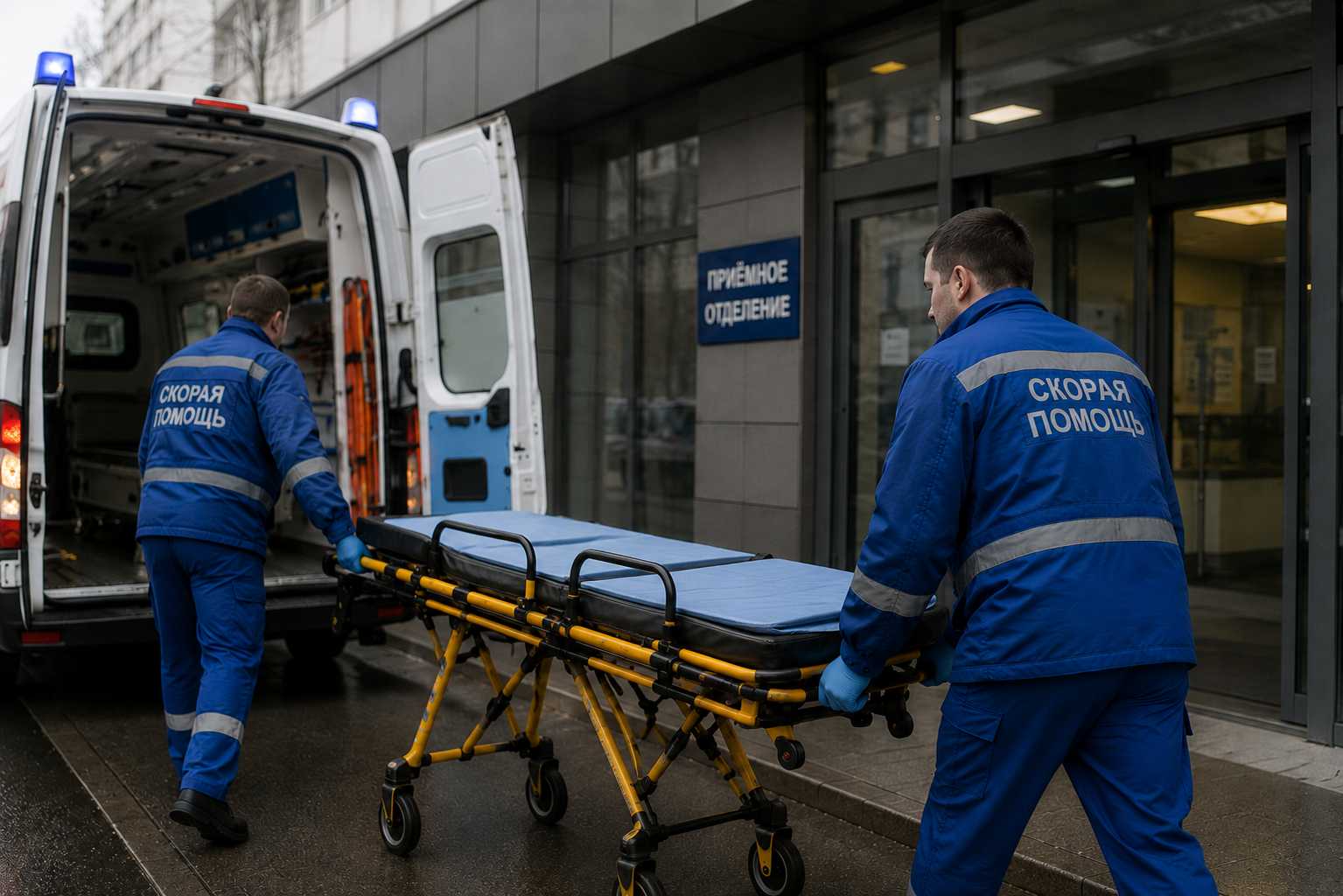 Санитары подвозят каталку к машине скорой у приёмного отделения — перевозка сидячих больных.
