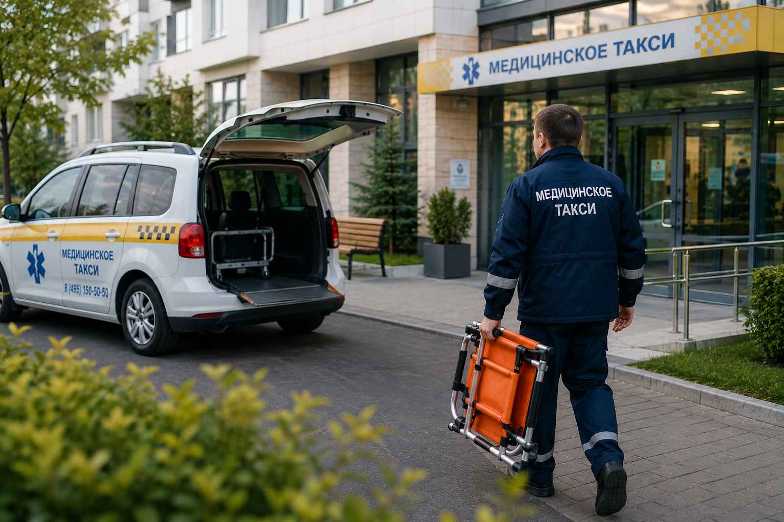 Сотрудник медицинского такси несёт кресло к машине — перевозка сидячих больных до клиники.